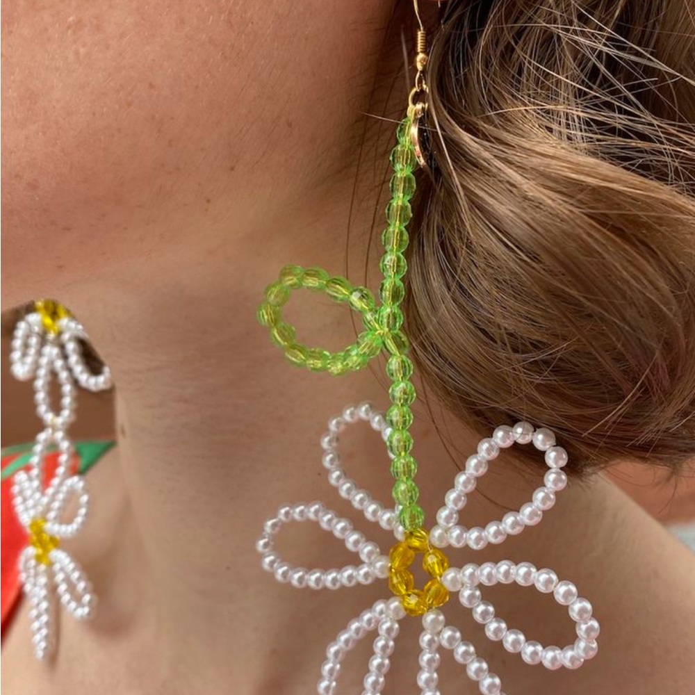 Floral Pearl and Green Beaded Earrings